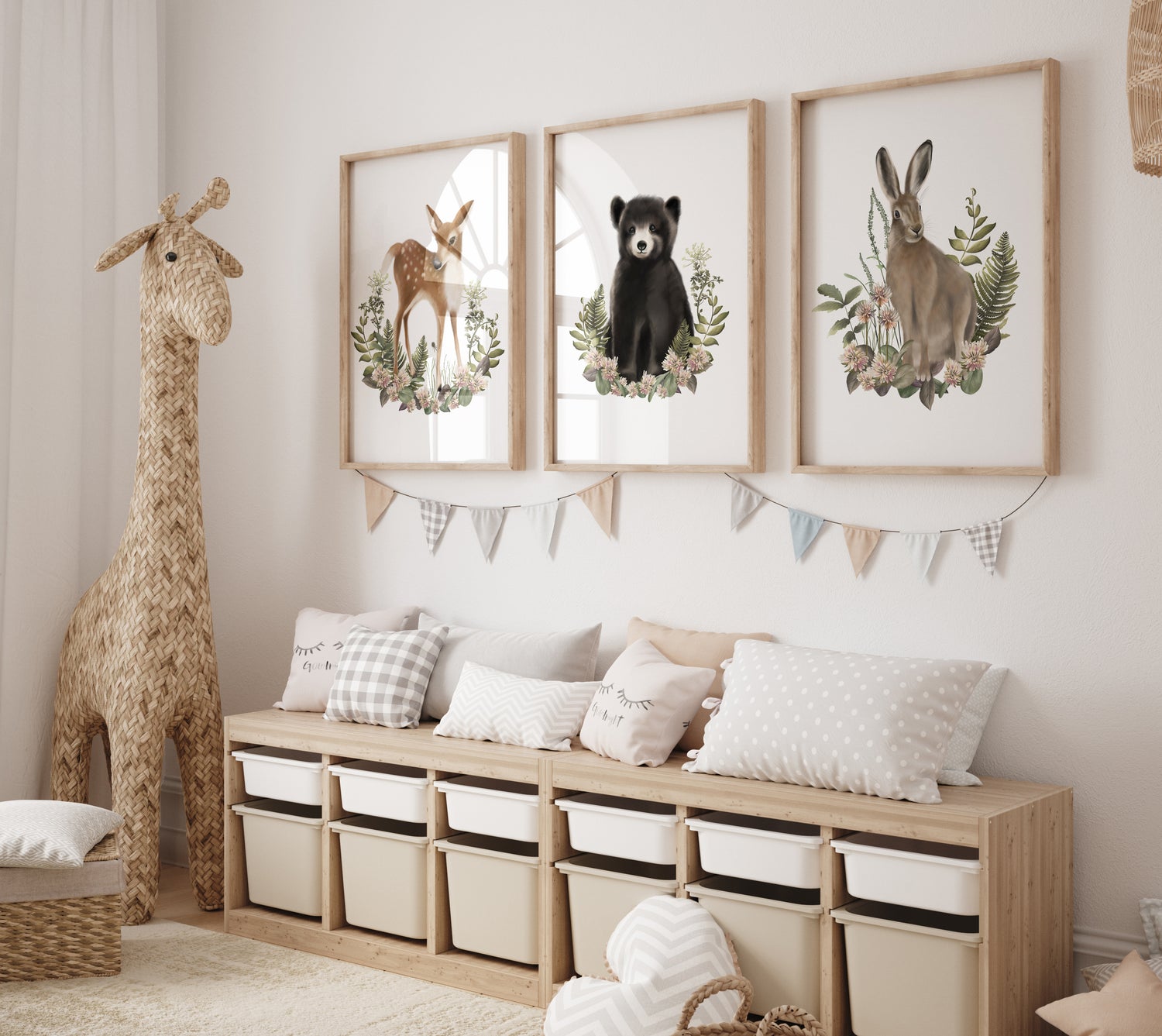 Bramble Friends Art prints shown in frames on wall of kids bedroom - Created by Studio Q - Art by Nicky Quartermaine Scott