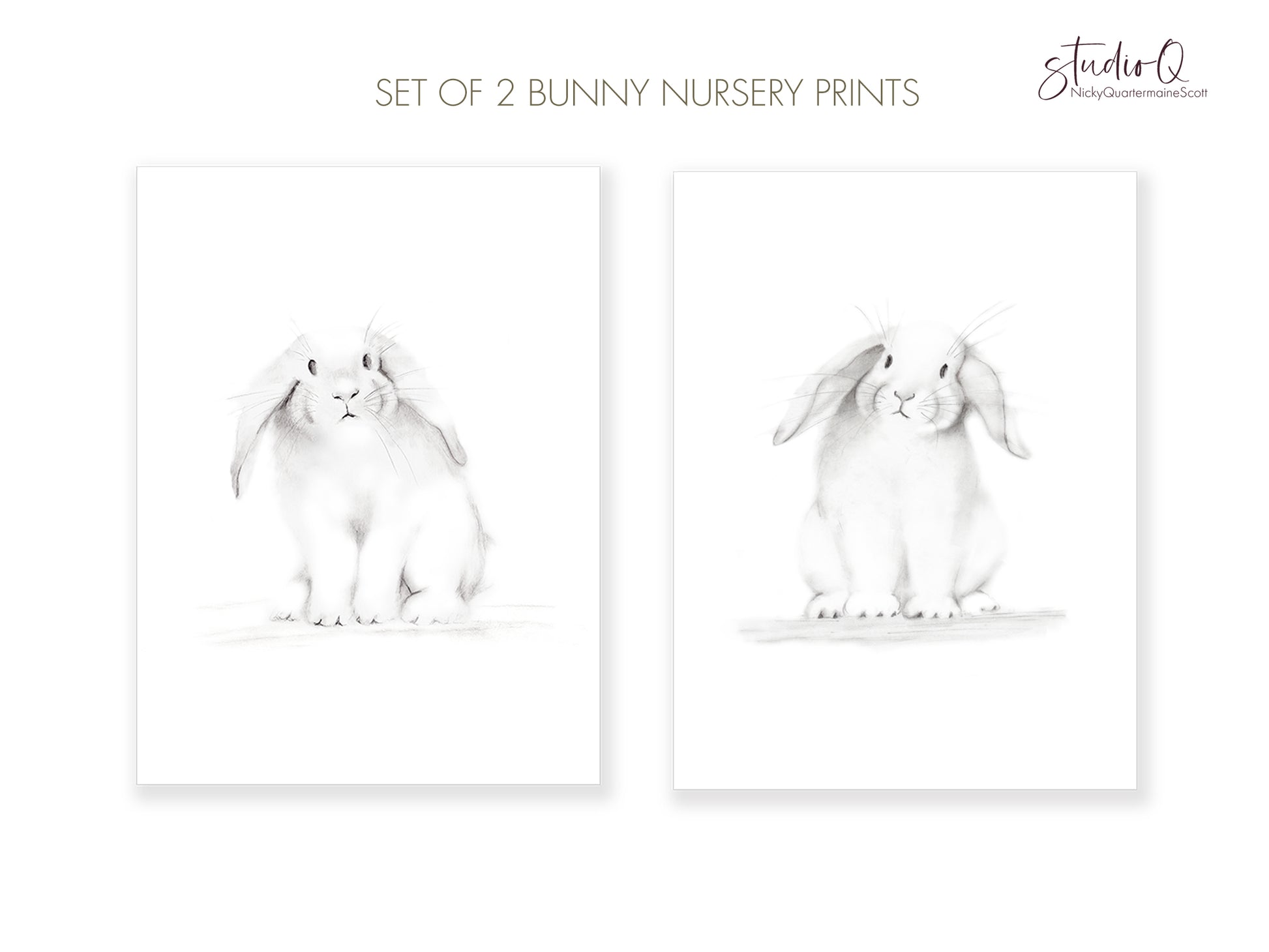 Bunnies Sketch Art Prints - Set of 2  Studio Q - Art by Nicky Quartermaine Scott