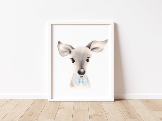 Art print of a Baby deer with a blue bow tie, in closeup. Art by Nicky Quartermaine Scott for Studio Q.