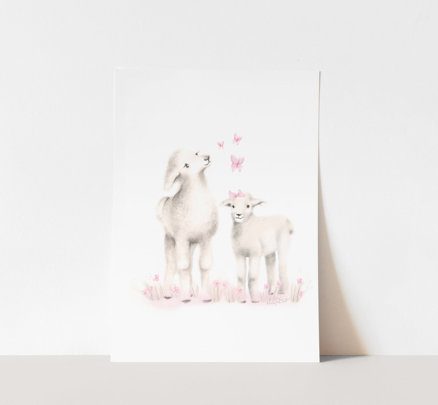 Mama and Baby Lamb Nursery Art Print in Sweet Blush- Studio Q - Art by Nicky Quartermaine Scott