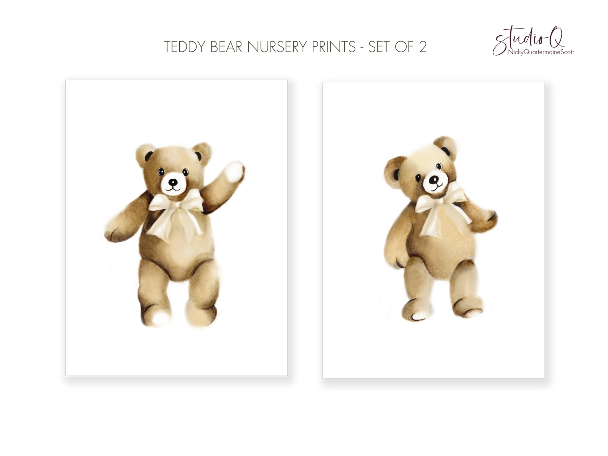 Teddy Bear Nursery Prints - Set of 2 - Studio Q - Art by Nicky Quartermaine Scott