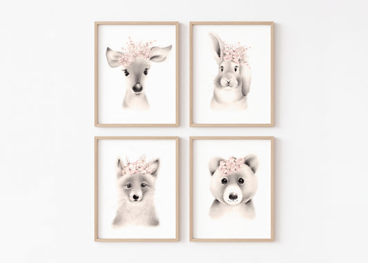 Baby Animals Flower Crown Prints in Sweet Blush - Set of 4 - Studio Q - Art by Nicky Quartermaine Scott
