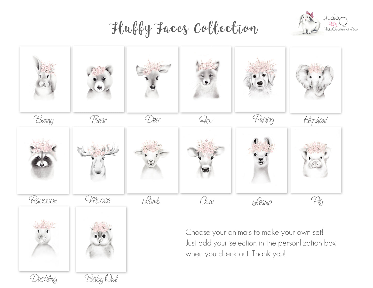 Baby Animal Flower Crown Prints - Set of 4 - Studio Q - Art by Nicky Quartermaine Scott
