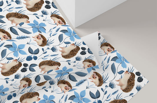 Hedgehog Floral Wrapping Paper in SKY