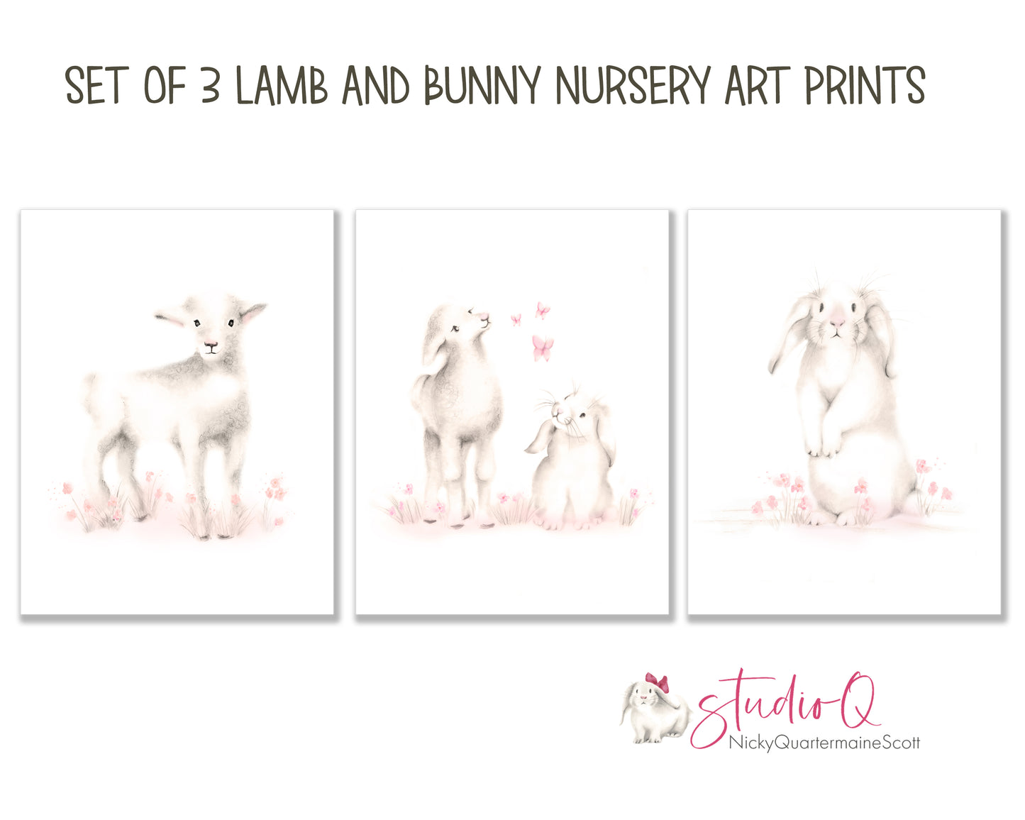 Lamb and Bunny Nursery Art Prints - Sweet Blush - Set of 3- Studio Q - Art by Nicky Quartermaine Scott