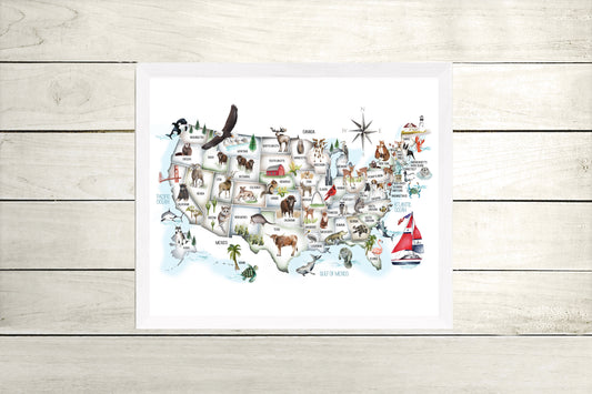 USA Animal Map for Kids - Custom Name Print - Studio Q - Art by Nicky Quartermaine Scott