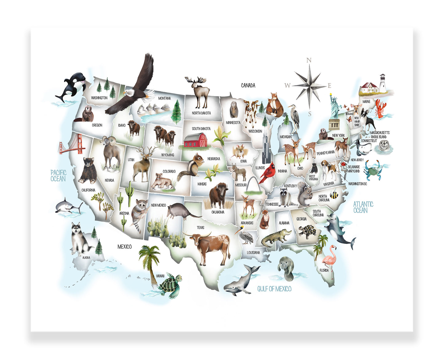 USA Animal Map Print - Pastels - Studio Q - Art by Nicky Quartermaine Scott