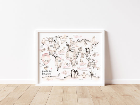 Pink Animal World Map Print Custom Name - Studio Q - Art by Nicky Quartermaine Scott