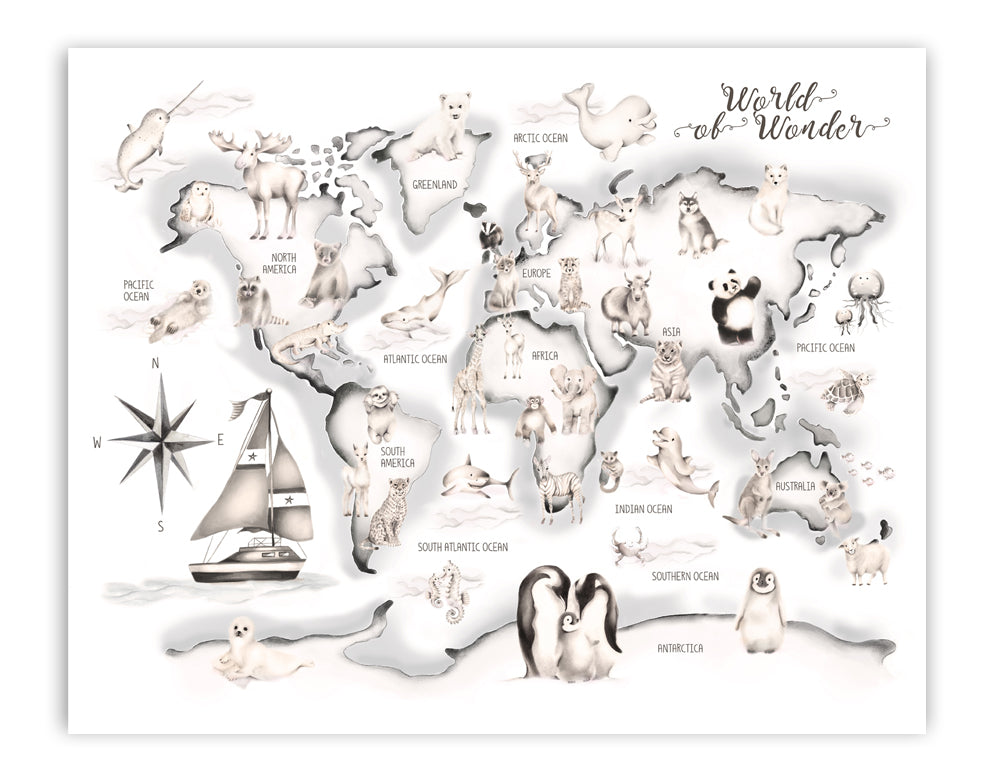 Grey Boat Animal World Map Print - Studio Q - Art by Nicky Quartermaine Scott