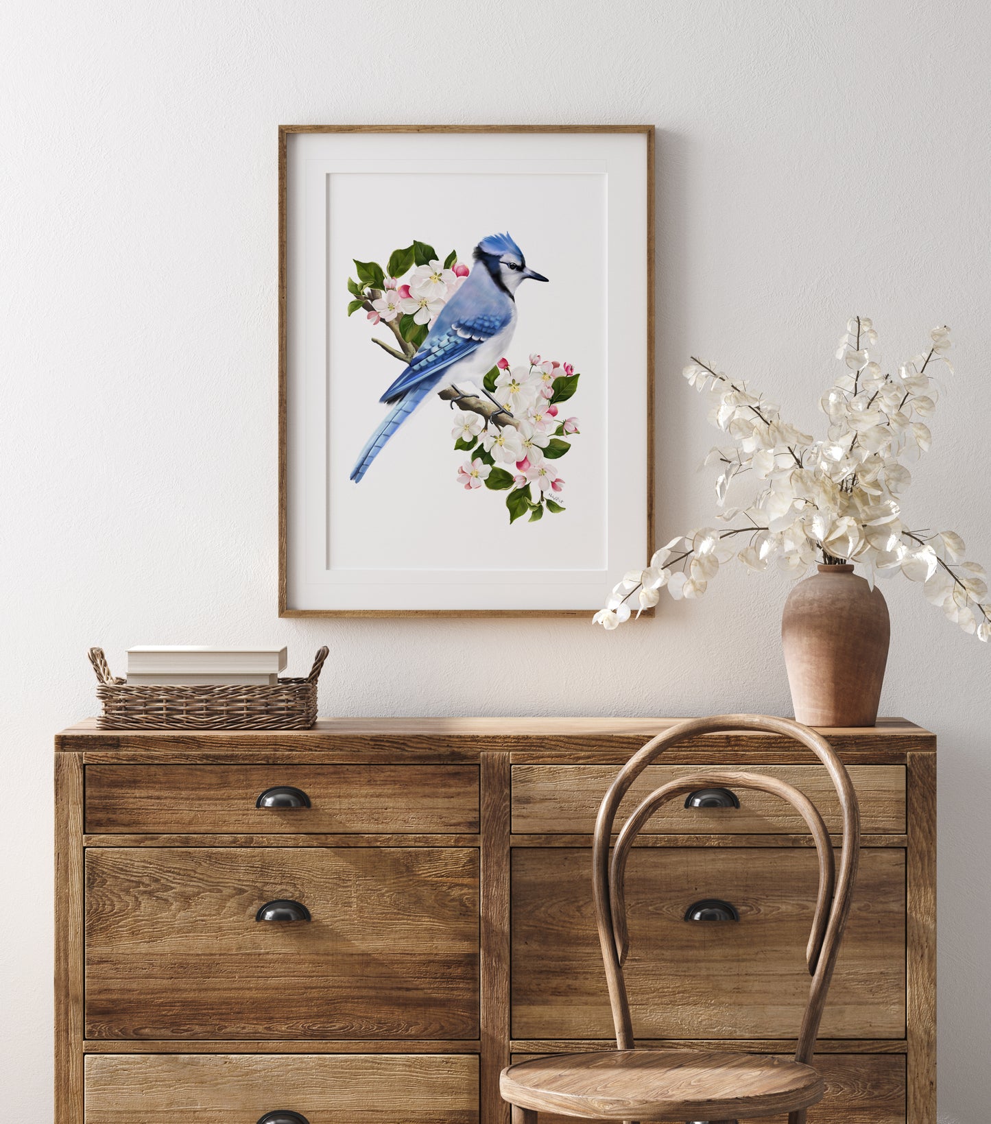 Blue Jay Bird on Apple Blossom Branch Art Print - Studio Q - Art by Nicky Quartermaine Scott