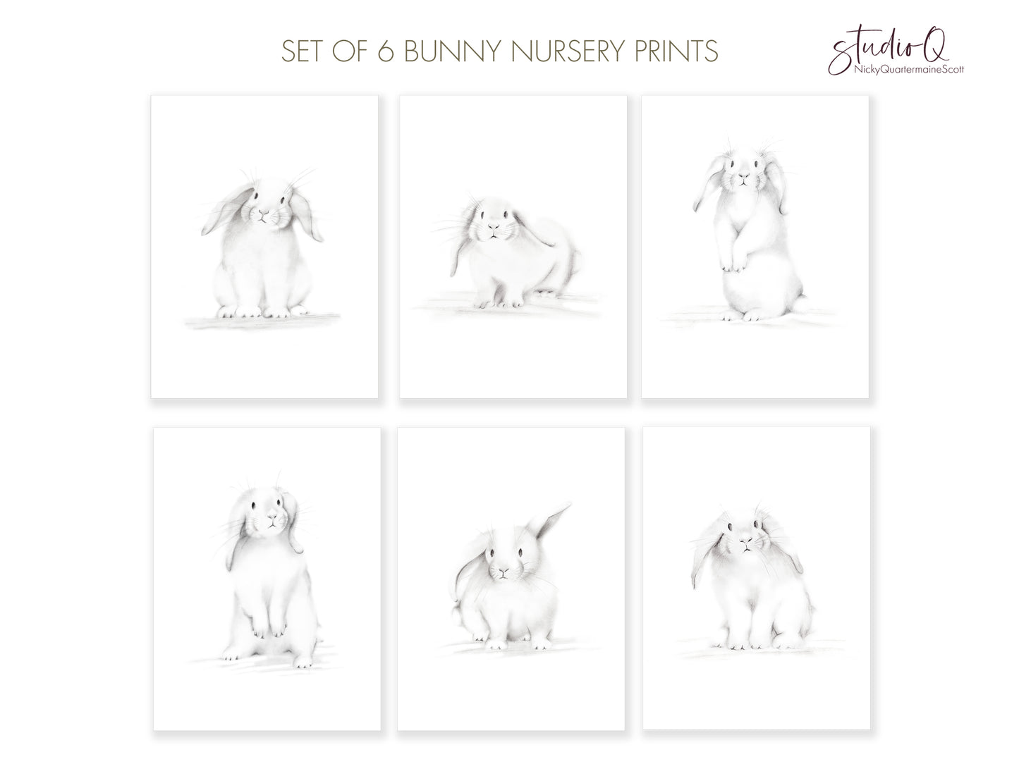 Bunnies Sketch Art Prints - Set of 6- Studio Q - Art by Nicky Quartermaine Scott