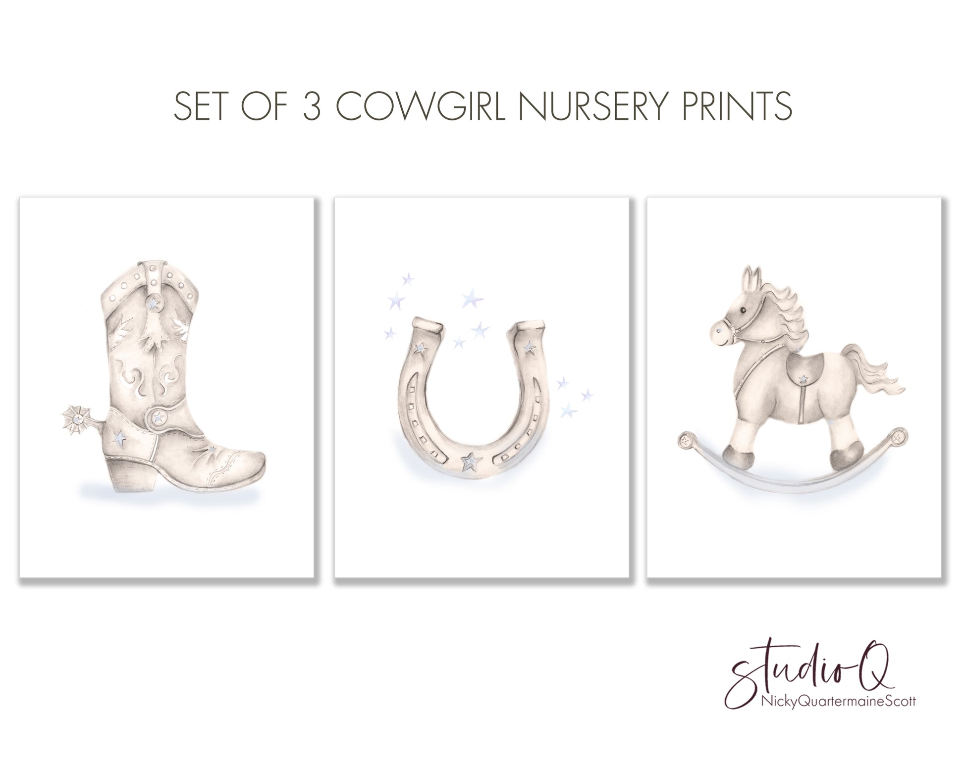 Cowgirl Nursery Prints - Set of 3  - Studio Q - Art by Nicky Quartermaine Scott