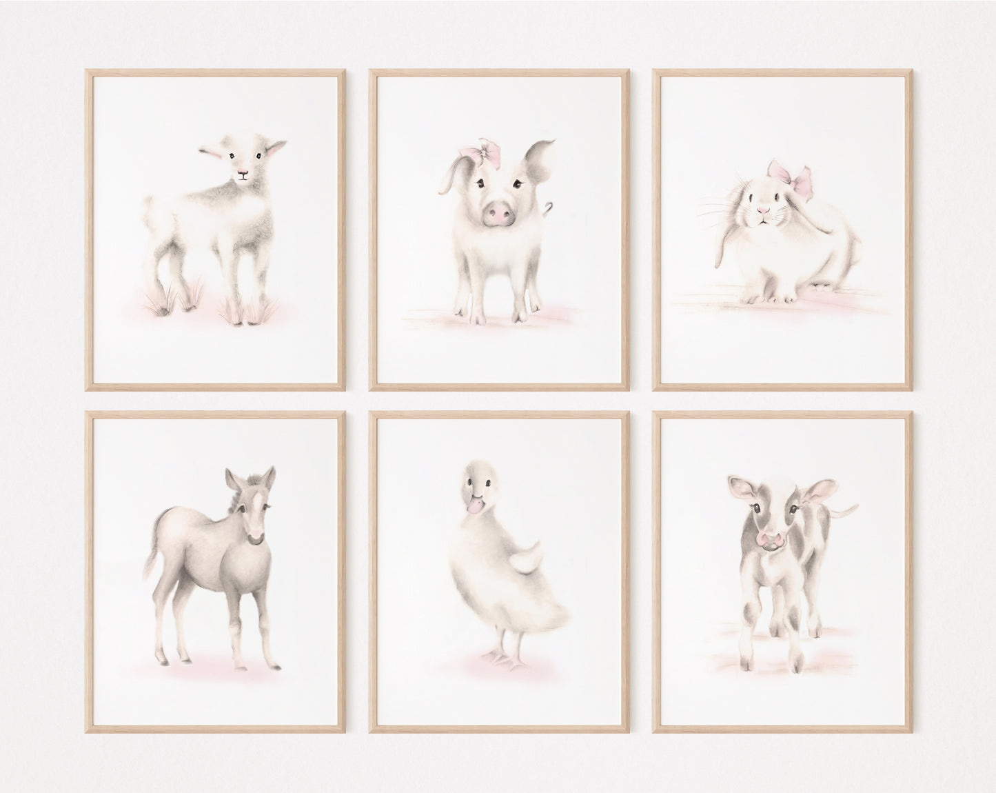 Set of 6 baby farmhouse nursery prints for a girl on a grey background - Studio Q - Art by Nicky Quartermaine Scott
