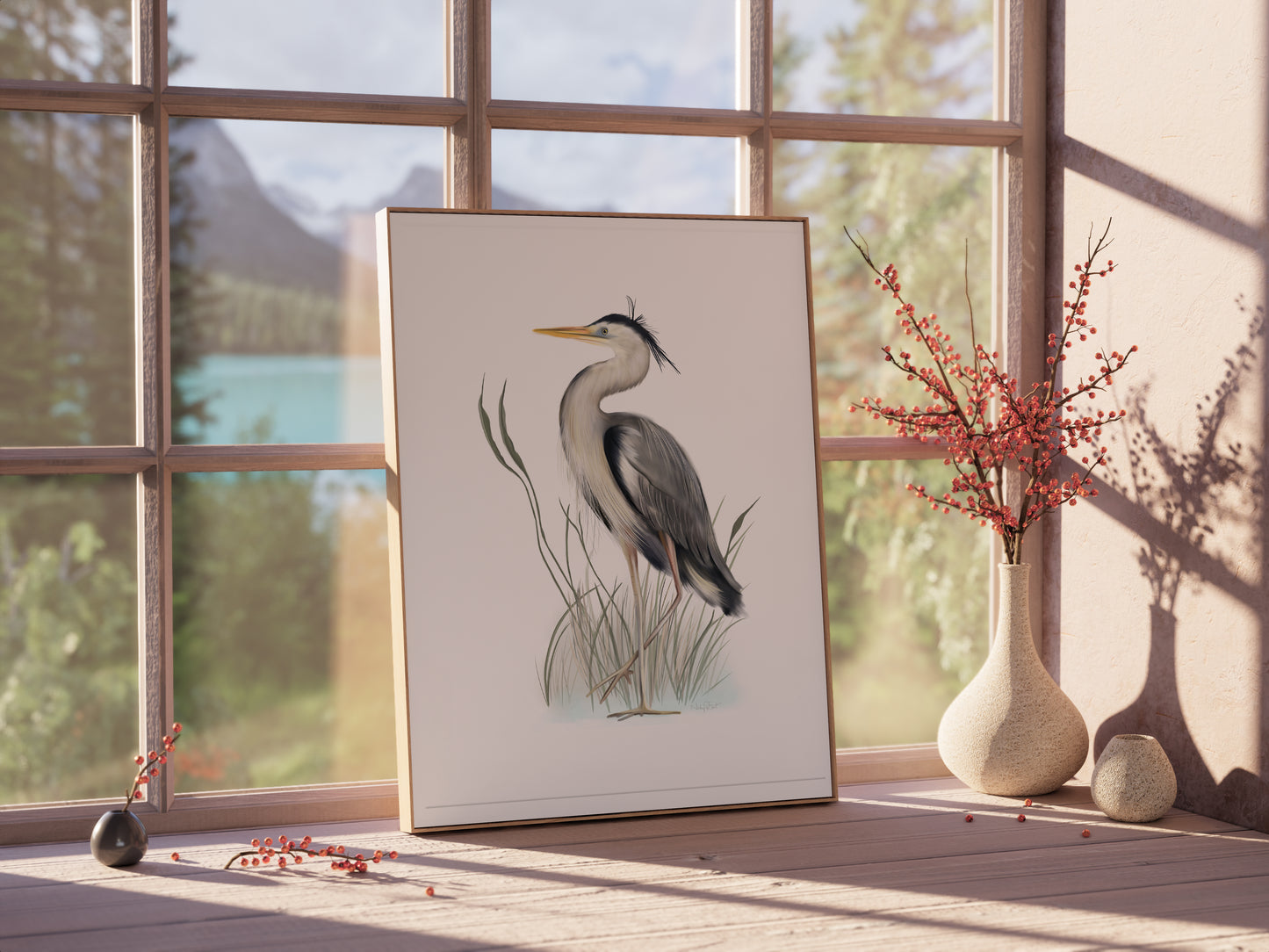 Great Blue Heron in Grasses Bird Art Print - Studio Q - Art by Nicky Quartermaine Scott