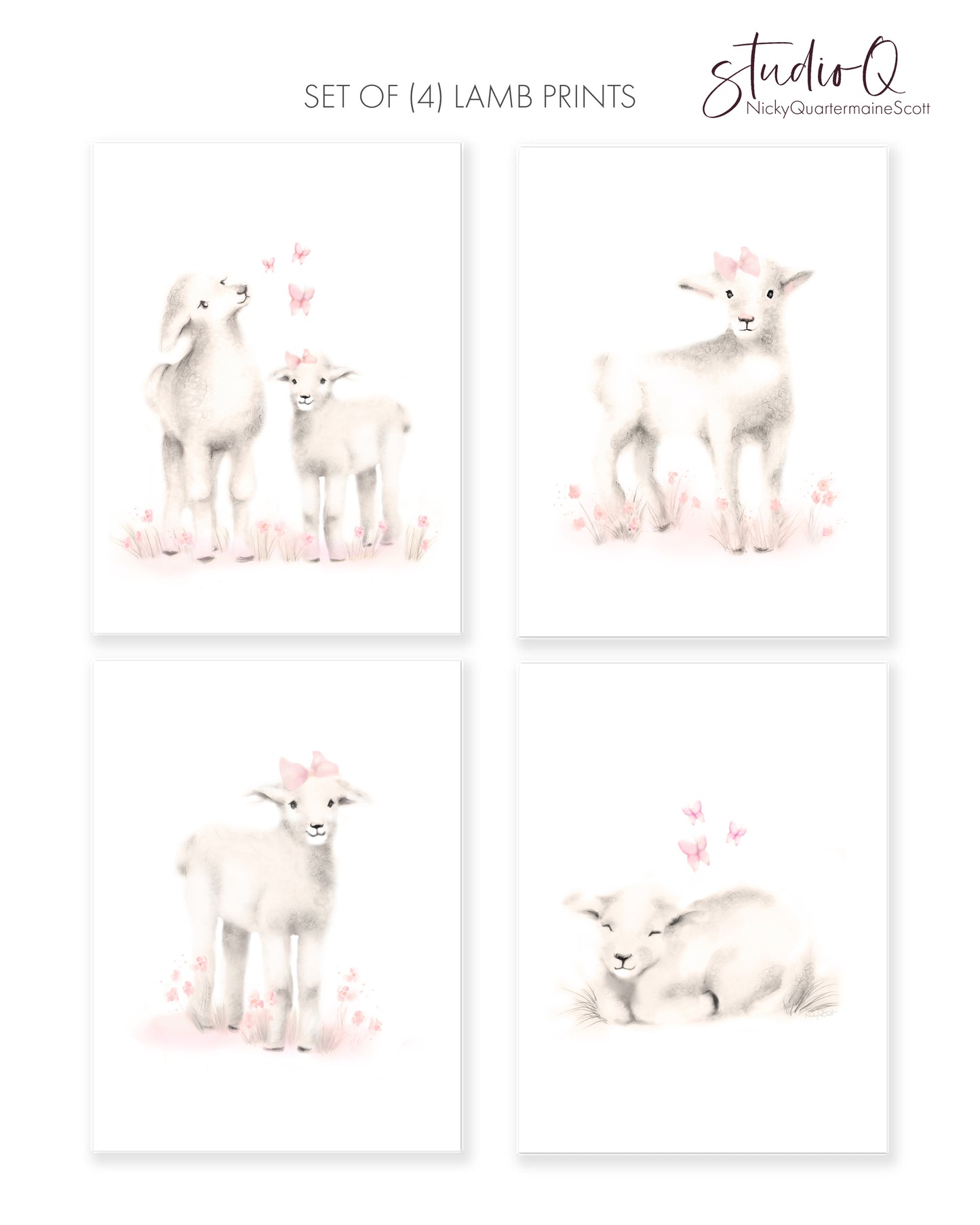 Set of 4 lamb prints from drawings in tones of sepia beige and blush pink. Lambs have pink flowers, bows and butterflies around them. The prints are on a white background and are framed in light wood frames. The set hangs against a plain light pink background - Studio Q - Art by Nicky Quartermaine Scott