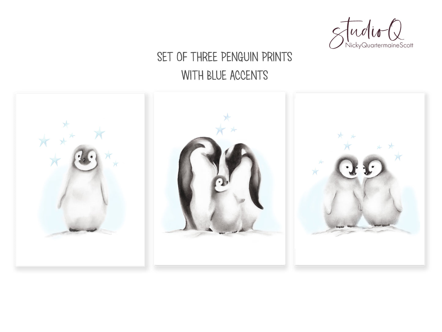 Penguin Family With Blue Accents Nursery Art - Set of 3 Prints - Studio Q - Art by Nicky Quartermaine Scott