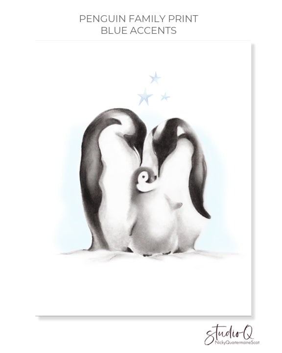 Penguin family with stars drawing by Nicky Quartermaine Scott for Studio Q