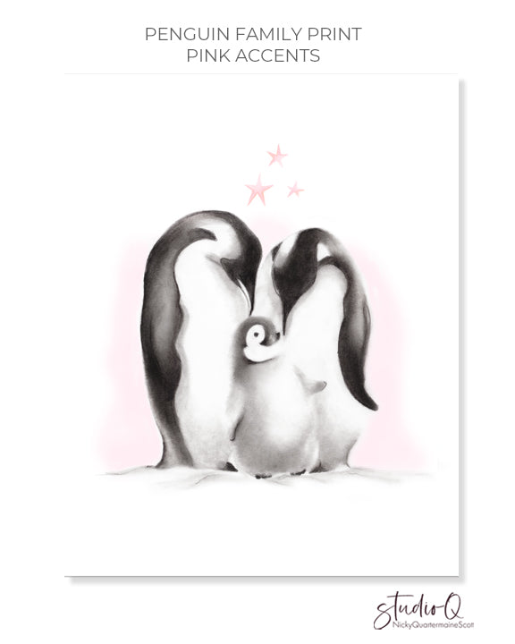Penguin family with stars drawing by Nicky Quartermaine Scott for Studio Q