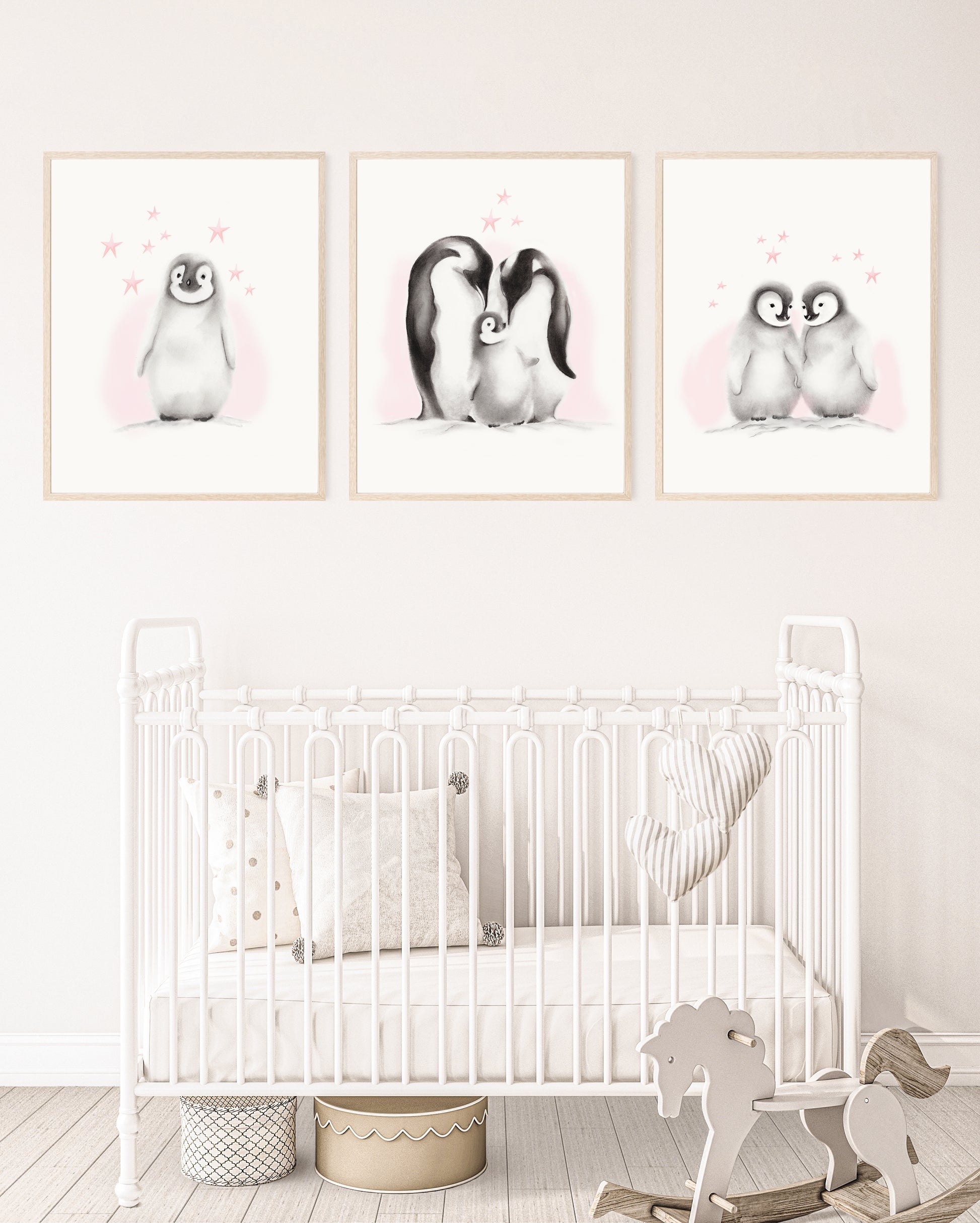 Set of 3 Penguins with Pink Accents Nursery Prints for Baby  by Studio Q  - Art by Nicky Quartermaine Scott