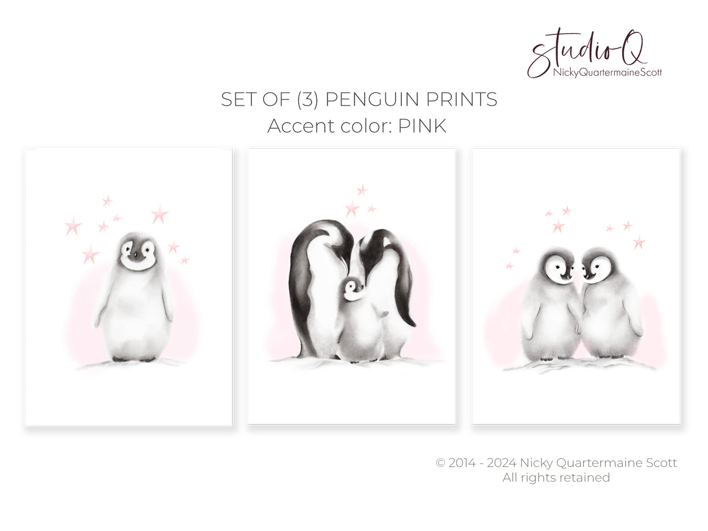 Penguin Family Pink Accents - Set of 3 Prints