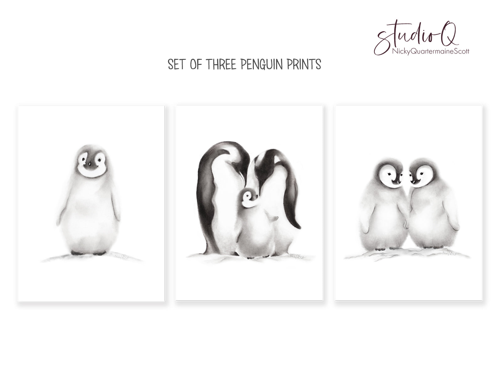 Penguin Family Nursery Art - Set of 3 Prints - Studio Q - Art by Nicky Quartermaine Scott