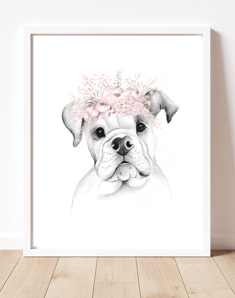 American Bulldog Pup Floral Crown Print - Studio Q - Art by Nicky Quartermaine Scott