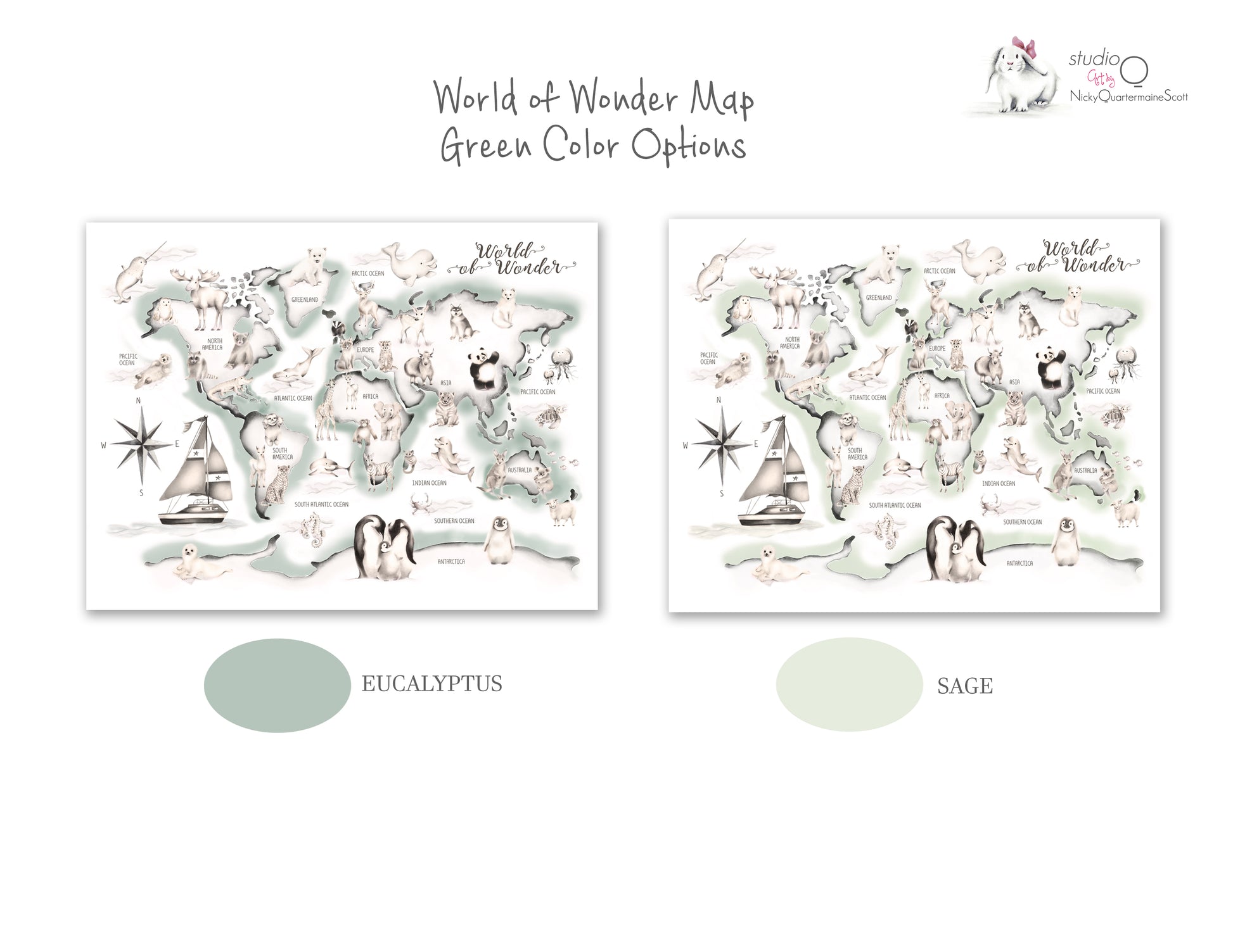 Green Animal World Map Print - Studio Q - Art by Nicky Quartermaine Scott