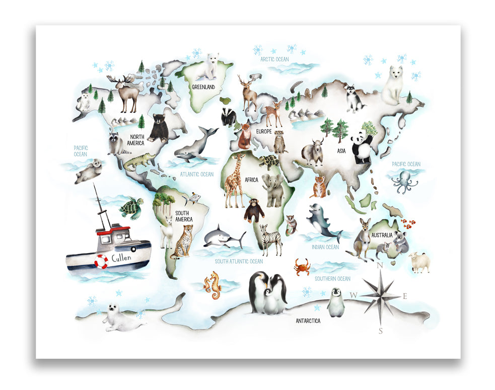 Animal World Map - Custom Name Print - Studio Q - Art by Nicky Quartermaine Scott