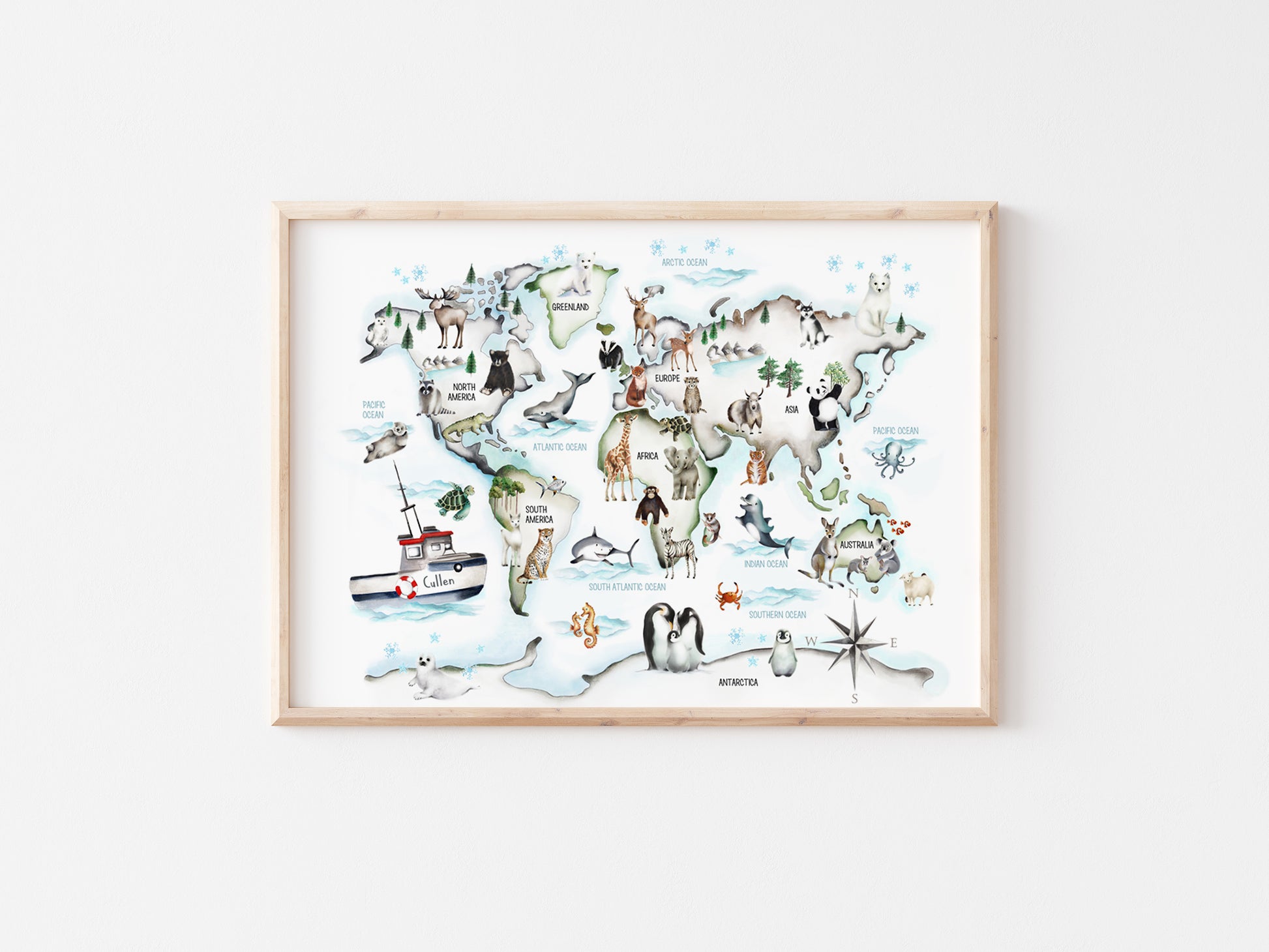 Animal World Map - Custom Name Print - Studio Q - Art by Nicky Quartermaine Scott