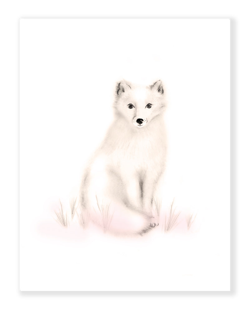 Drawing of an arctic snow fox in tones of sepia beige and blush pink on a plain, white background. Studio Q - Art by Nicky Quartermaine Scott