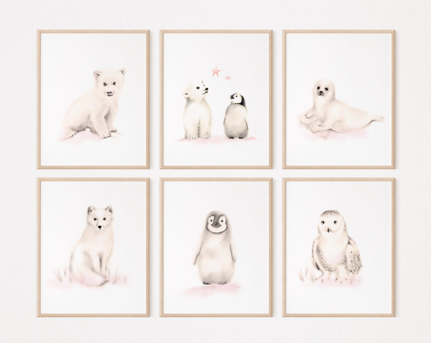 Arctic Animals Nursery Prints in Blush - Set of 6