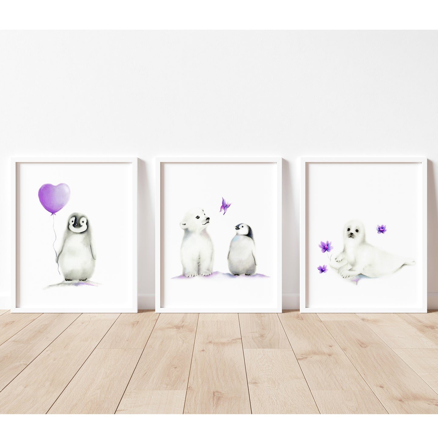 Set of 3 baby arctic animal prints with balloon, butterfly and flowers - Studio Q - Art by Nicky Quartermaine Scott