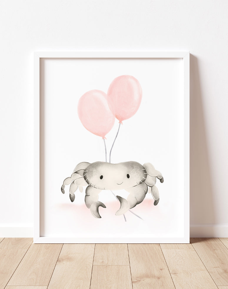 Baby Crab with Round Balloon Nursery Art - Sweet Blush- Studio Q - Art by Nicky Quartermaine Scott