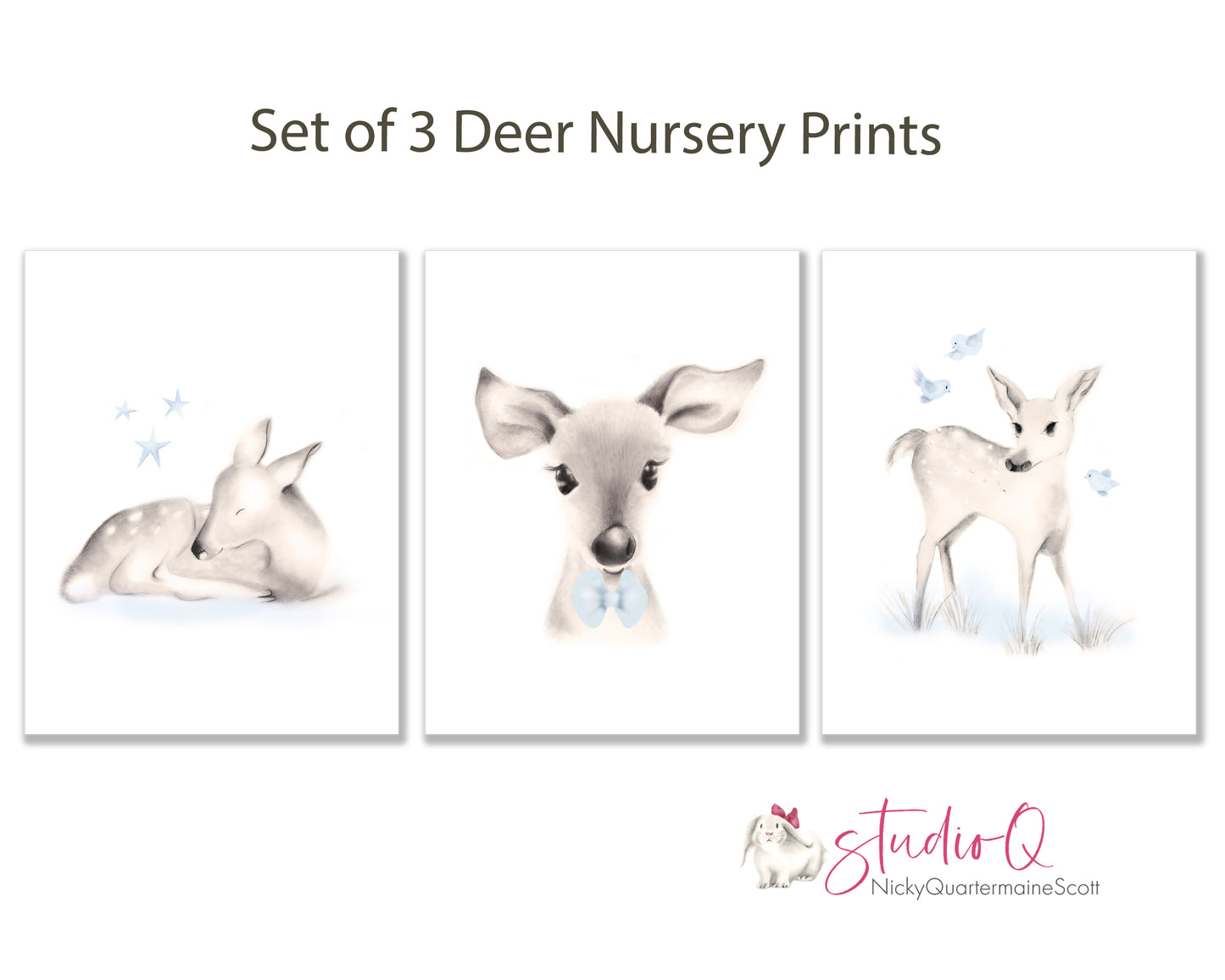 Deer Nursery Prints - Set of 3- Studio Q - Art by Nicky Quartermaine Scott
