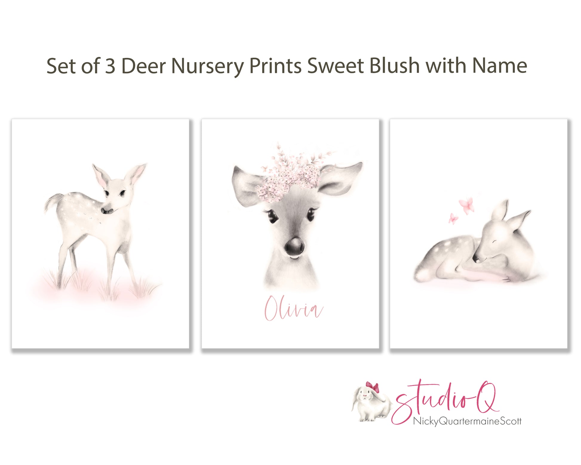 Deer Nursery Prints Sweet Blush - Set of 3 - Studio Q - Art by Nicky Quartermaine Scott 