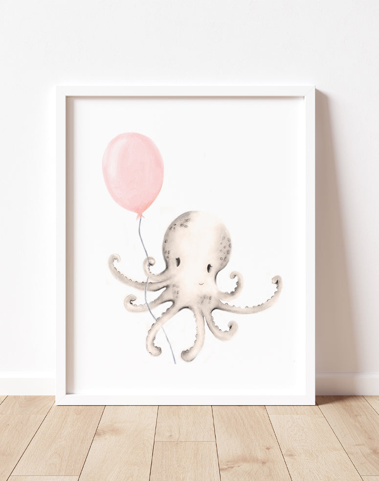 Octopus with Round Balloon Nursery Art - Sweet Blush- Studio Q - Art by Nicky Quartermaine Scott