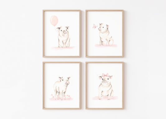 Baby Pig Nursery Art Prints - Sweet Blush - Set of 4 - Studio Q - Art by Nicky Quartermaine Scott