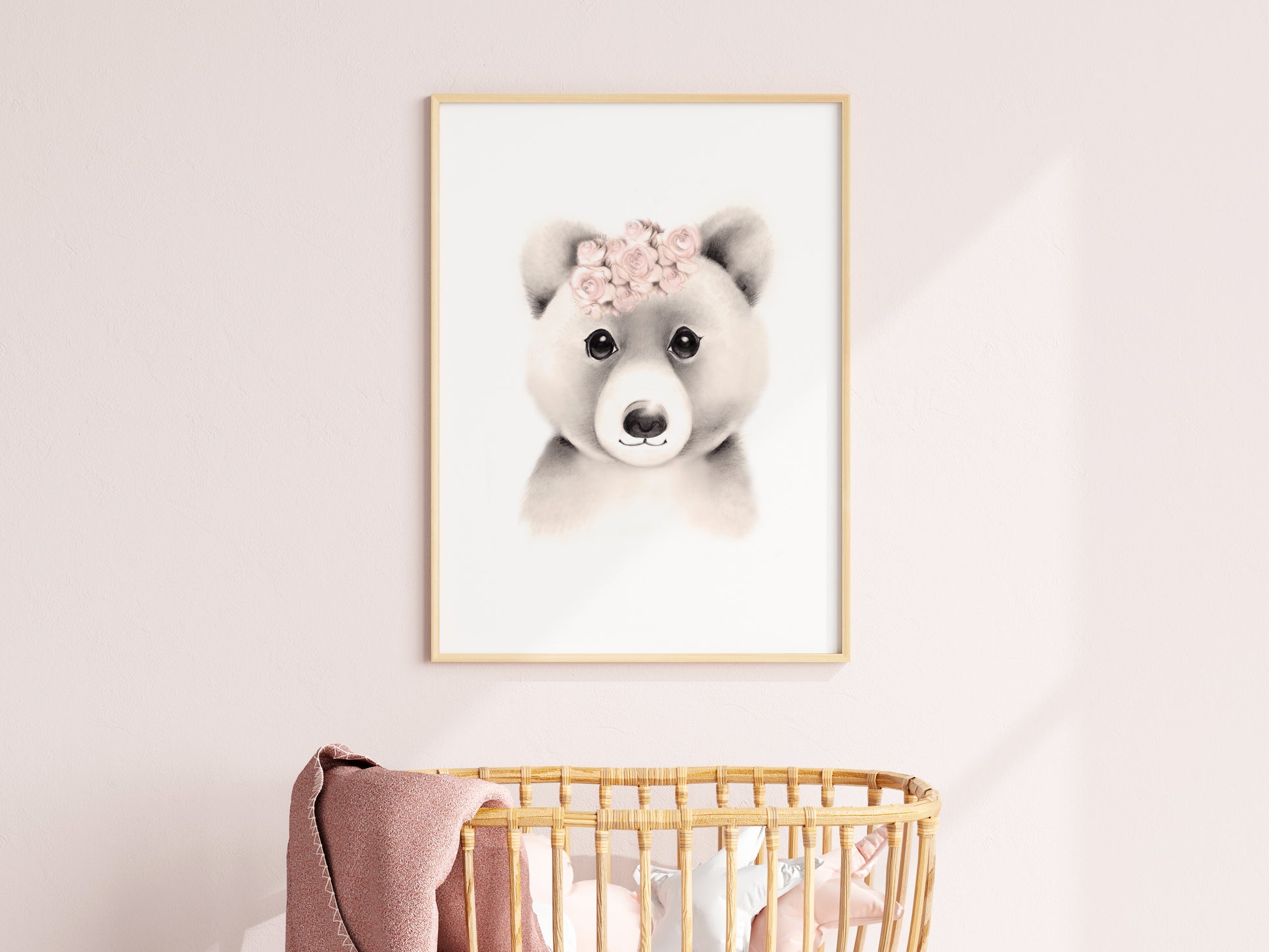 Baby Bear Flower Crown Print in Sweet Blush - Studio Q - Art by Nicky Quartermaine Scott