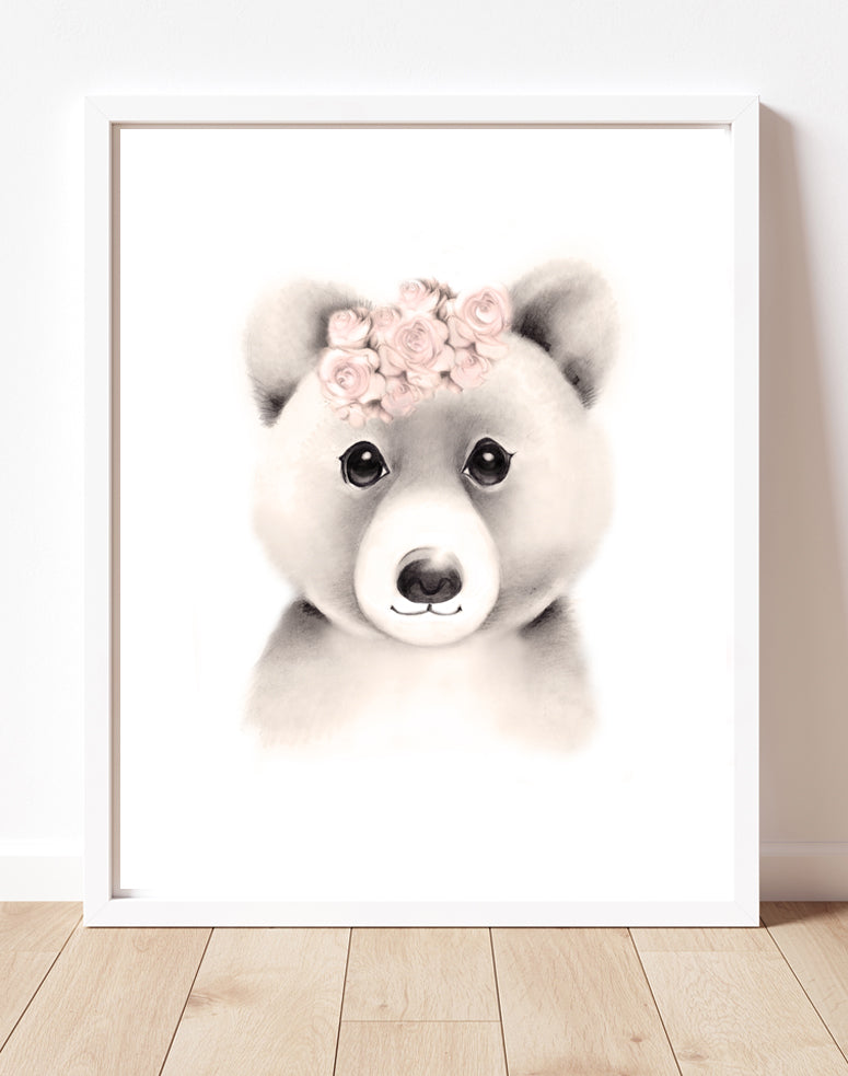 Baby Bear Flower Crown Print in Sweet Blush - Studio Q - Art by Nicky Quartermaine Scott