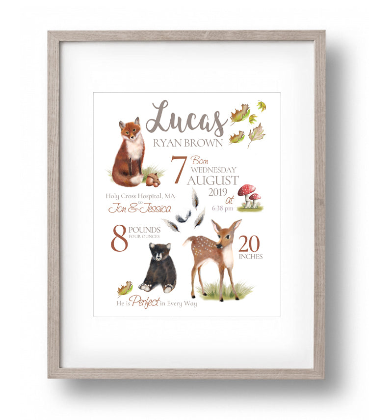 Woodland Birth Announcement Print - Studio Q - Art by Nicky Quartermaine Scott