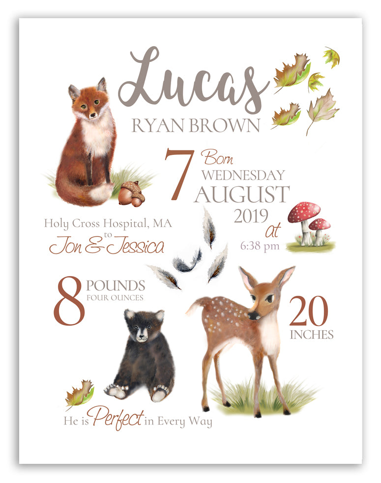 Woodland Birth Announcement Print - Studio Q - Art by Nicky Quartermaine Scott