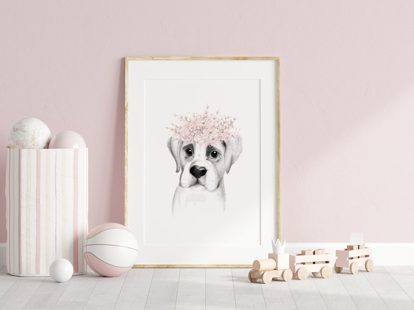 Boxer Pup Floral Crown Print - Studio Q - Art by Nicky Quartermaine Scott