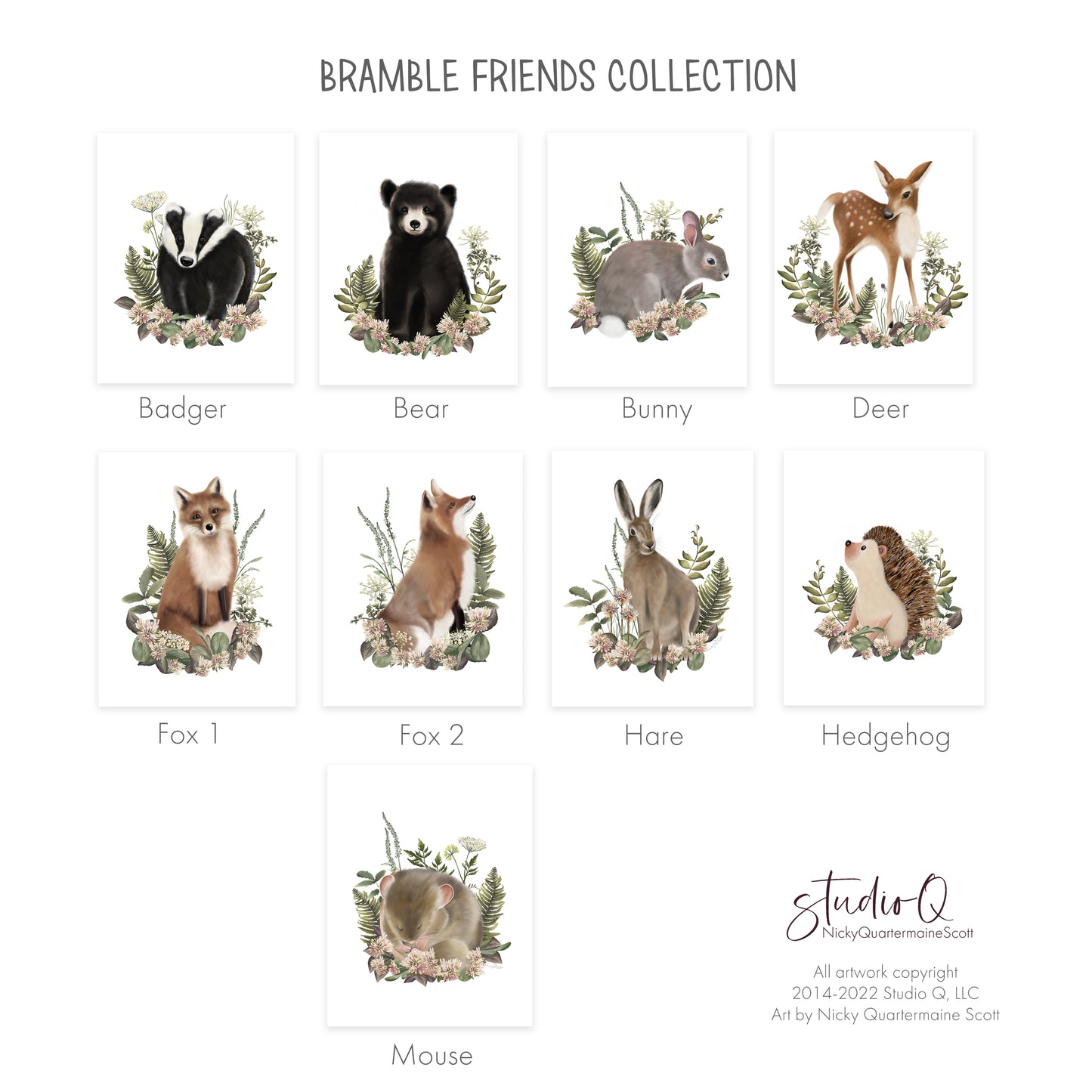 Bramble Friends Nursery Art Prints - Set of 4- Studio Q - Art by Nicky Quartermaine Scott