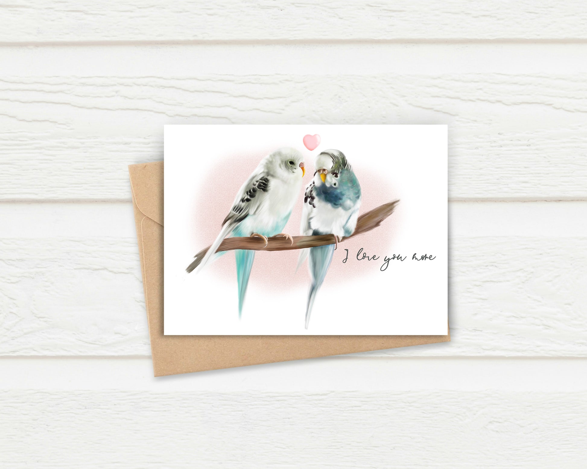 Two budgies on a branch with a pink background and pink love heart art print greeting card - Studio Q - Art by Nicky Quartermaine Scott