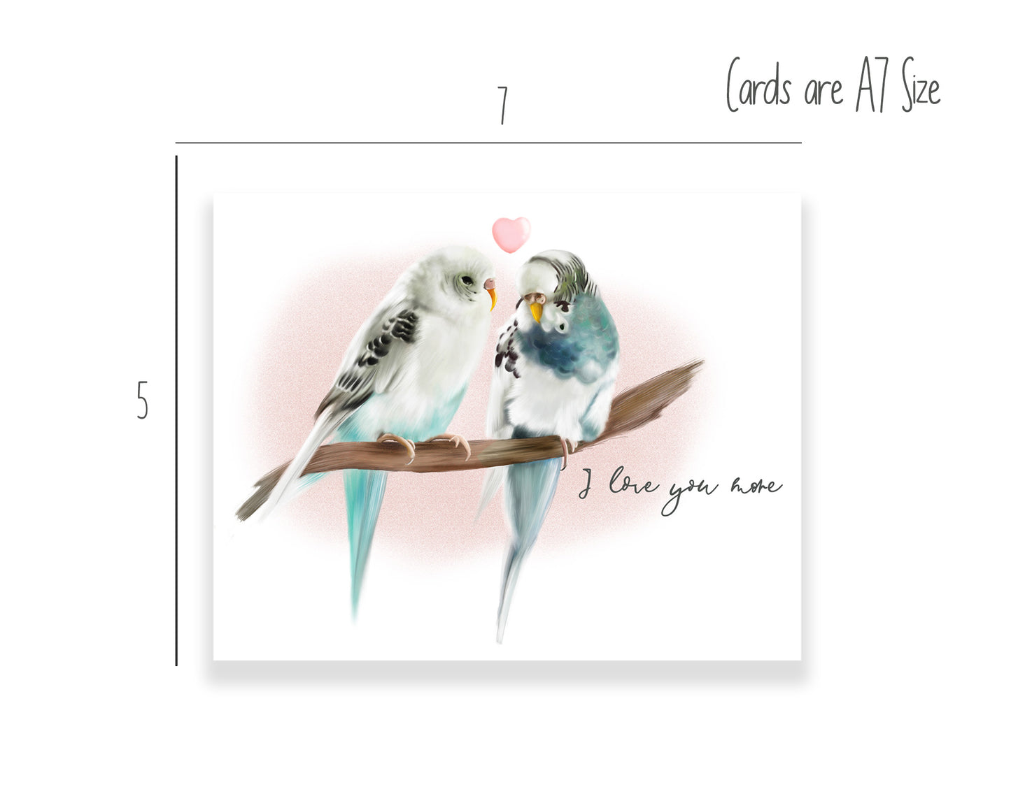 Two parakeets on a branch with a pink background and pink love heart art print greeting card - Studio Q - Art by Nicky Quartermaine Scott