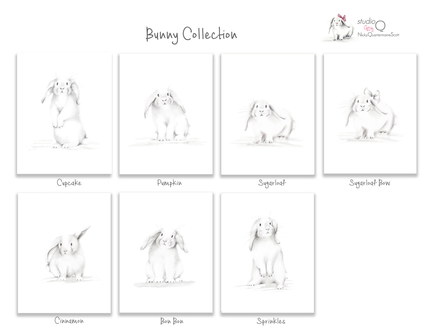Choose your set of 3 bunny sketch prints from a set of 6 in the Bunny Collection - Studio Q - Art by Nicky Quartermaine Scott