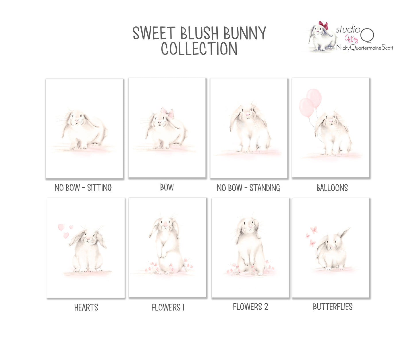Blush Bunnies Nursery Art Prints - Set of 6 - Studio Q - Art by Nicky Quartermaine Scott