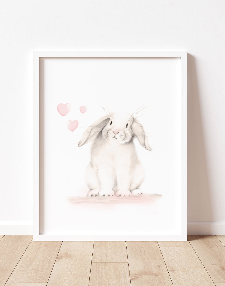 Bunny with Hearts 1 Nursery Print - Sweet Blush - Studio Q - Art by Nicky Quartermaine Scott