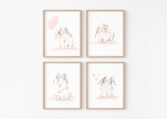 Bunny Art Prints - Sweet Blush - Set of 4 - Studio Q - Art by Nicky Quartermaine Scott