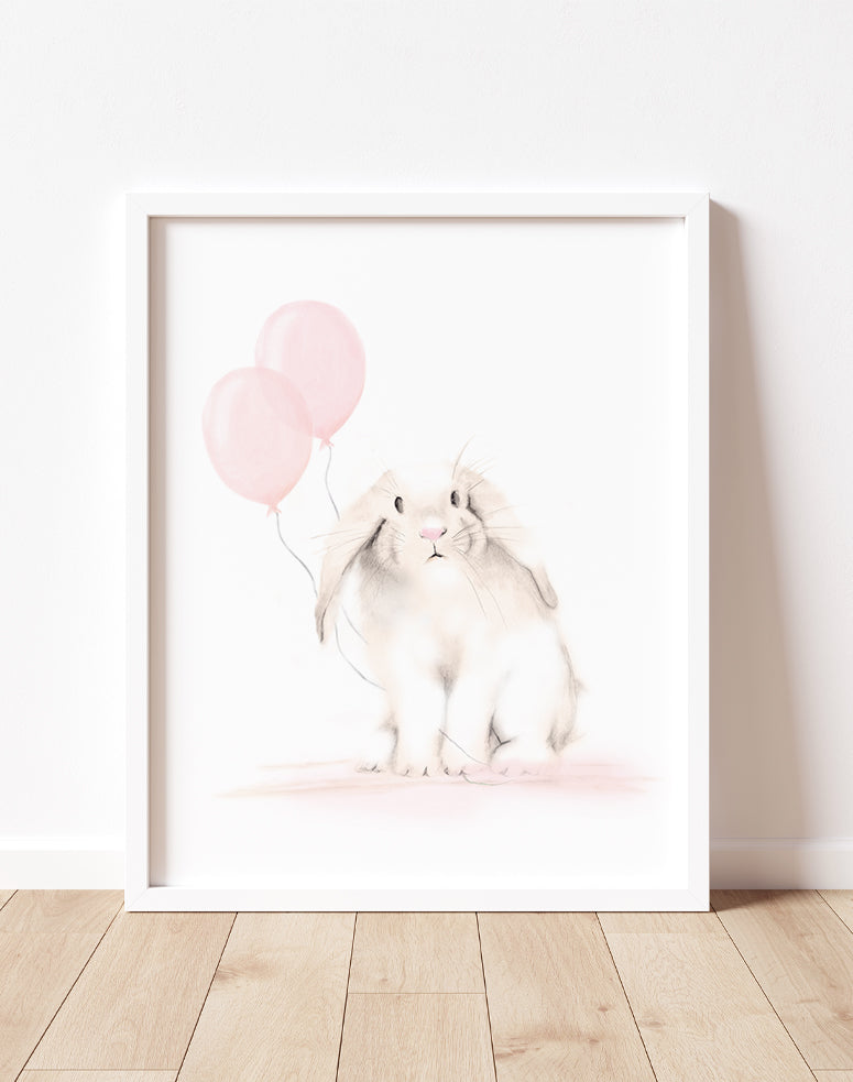 Bunny with Balloons Nursery Print in Sweet Blush- Studio Q - Art by Nicky Quartermaine Scott
